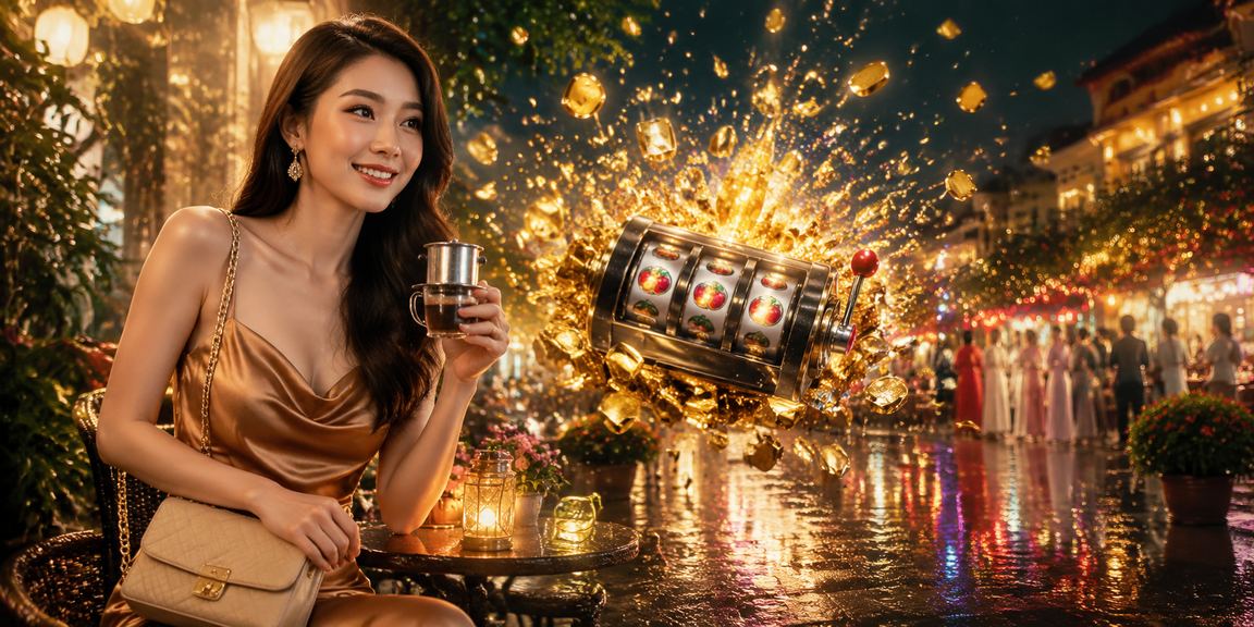 Người dùng tại Đà Lạt chơi slot game trên điện thoại bên ly cà phê