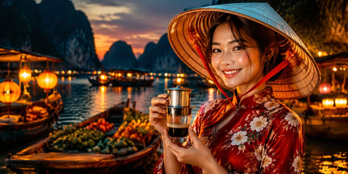 Cảnh vịnh Hạ Long với biểu tượng nón lá và cá cược thể thao