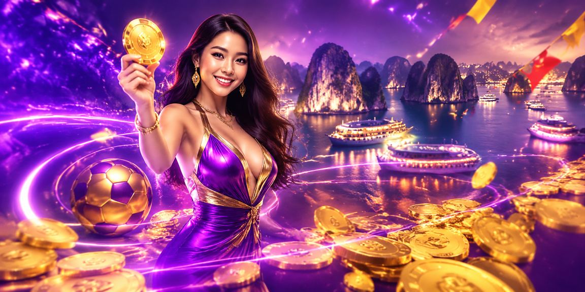 Màn hình cá cược bóng đá neon sôi động với khung cảnh Vịnh Hạ Long về đêm