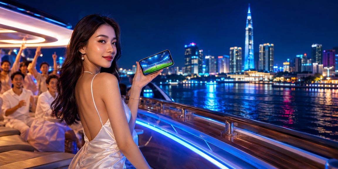 Màn hình neon sôi động tại TP.HCM, người dùng trẻ theo dõi kết quả xổ số và đặt cược online